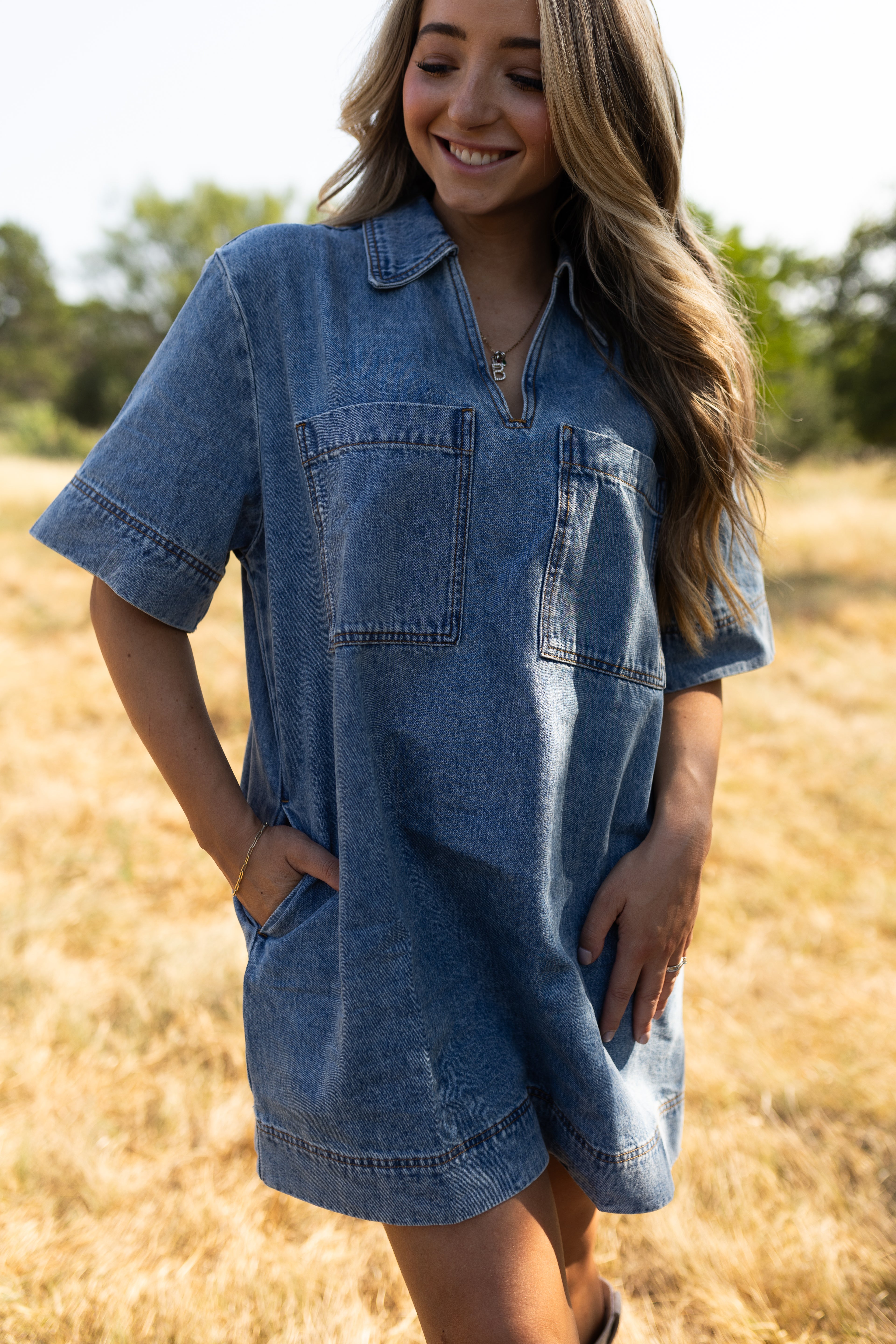 V Neck Denim Tunic Dress