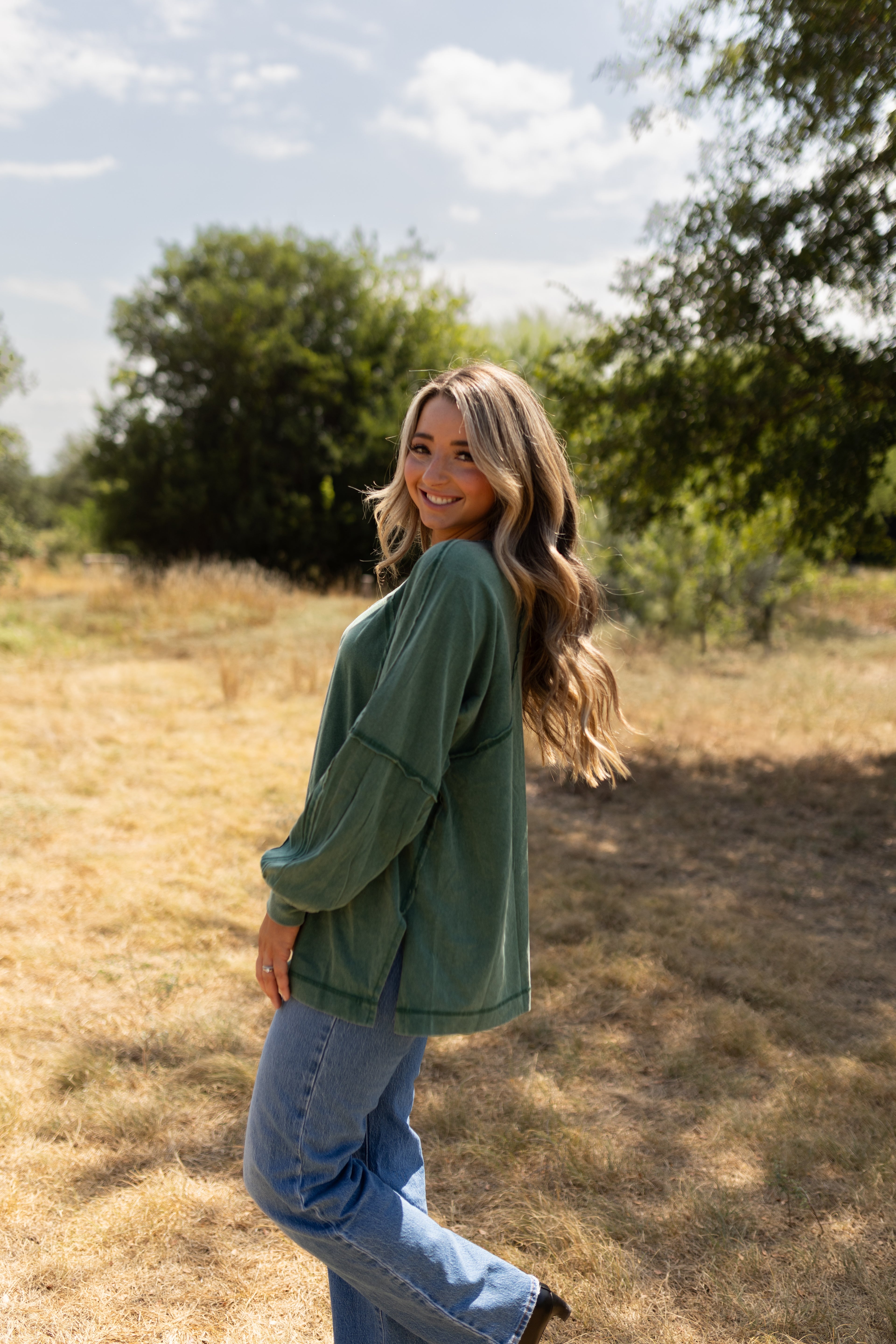 Anywhere Washed Long Sleeve Top in Forest